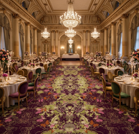Dalles de moquette de style Art déco avec motif floral complexe, tons violets vifs et vert olive, revêtement de sol moderne de luxe pour l'hôtellerie