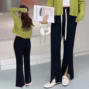 กางเกงขายาวทรงหลวมเอวสูงสำหรับผู้หญิงไซส์ใหญ่ มีเชือกผูก ปรับได้ มีรอยผ่า ปลายขาแบบยาวถึงพื้น สีดำ - Product Image 4