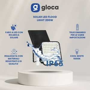 Reflector LED Solar para Exteriores Gloca de 200W, 5000K, con Panel Solar y Control Remoto, Cuerpo de Aluminio de Montaje en Superficie - Product Image 2