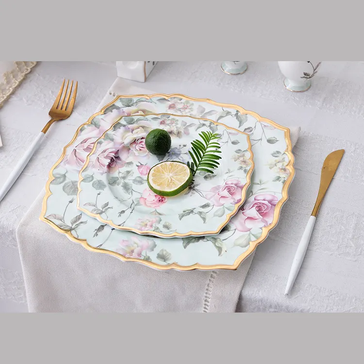 PITO HORECA, venta al por mayor, calcomanía de flores, borde dorado elegante, plato de cerámica decorativo para restaurante