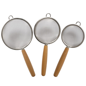 Lot de 3 passoires de cuisine en maille, écumoire à <span class=keywords><strong>huile</strong></span> en acier inoxydable avec manche en bois, filtre à farine, outil de pâtisserie - Product Image 3