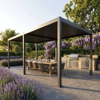 Grand pavillon extérieur robuste en aluminium avec commande manuelle, à double toit à lamelles, éclairage intégré, résistant aux intempéries, idéal pour café