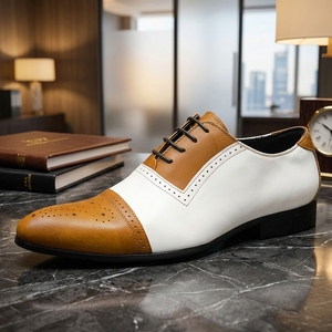<strong>Men</strong> Two Tone White <strong>Tan</strong> Cap Toe <strong>Brogue</strong> Oxford Shoes Color Block Lace up Pointed Toe Formal Business Wedding Dress Shoes Wholesale - Product Image 1