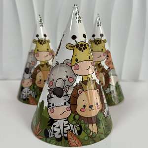 6 개/팩 정글 동물 테마 인쇄 종이 모자 파티 생일 모자 동물 요소 창조적 인 뾰족한 볼 모자 - Product Image 1