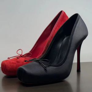 Chaussures à talons noirs fermés à bout carré avec nœud, sandales de danse ballerine à lacets, escarpins à plateforme pour femme, chaussures de soirée à talons hauts - Product Image 1