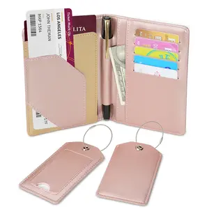 Copertine per passaporto in oro rosa con etichetta per bagagli Logo personalizzato porta carte per passaporto in ecopelle Set di etichette per bagagli