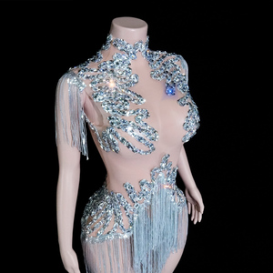 Body de malla plateado con flecos de diamantes de imitación estilo barroco para actuaciones de Drag Queen y espectáculos de ilusión - Product Image 4
