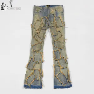 Custom denim fábrica queimado calças jeans dos homens angustiado lavagem jeans homens solto empilhamento fit flared jeans homens