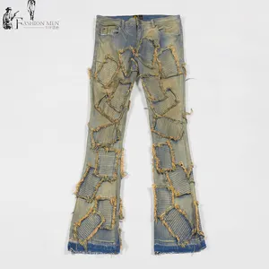 Fábrica de mezclilla personalizada pantalones acampanados pantalones vaqueros de lavado desgastados de los hombres sueltos apilables ajuste acampanados pantalones vaqueros hombres