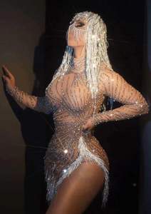 Jupe en maille à paillettes et perles, jupe fendue sexy pour femmes, <span class=keywords><strong>robe</strong></span> moulante pour soirée d'anniversaire, soirée de <span class=keywords><strong>bal</strong></span>, tenue de danseuse de boîte de nuit, tenue de scène - Product Image 5