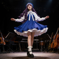 Costume de scène Lolita bleu pour femme, style demoiselle d'honneur, avec volants et nœuds, idéal pour les performances d'anime et d'idoles - Vente en gros