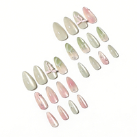 24 Uñas Postizas con Efecto Ojo de Gato en Degradado Rosa y Verde, con Lazo 3D y Perla, Hechas a Mano, Estilo Coreano Y2K