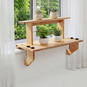 Wooden double-layer window sill <b>shelf</b>, window sill extension, no-drill storage rack, adjustable succulent plant stand for home - Product Image 1