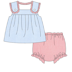 Conjuntos de <span class=keywords><strong>Ropa</strong></span> para Bebés Niñas con Rayas Azules y Rojas, de Algodón Seersucker, Monogramados, sin Mangas, para Verano, con Pantalones Bombachos - Product Image 3
