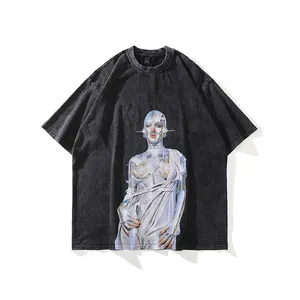 OEM 2024 rib collar oversized gsm cotton washed black faded t shirt men graphic anime printed t-shirts vintage