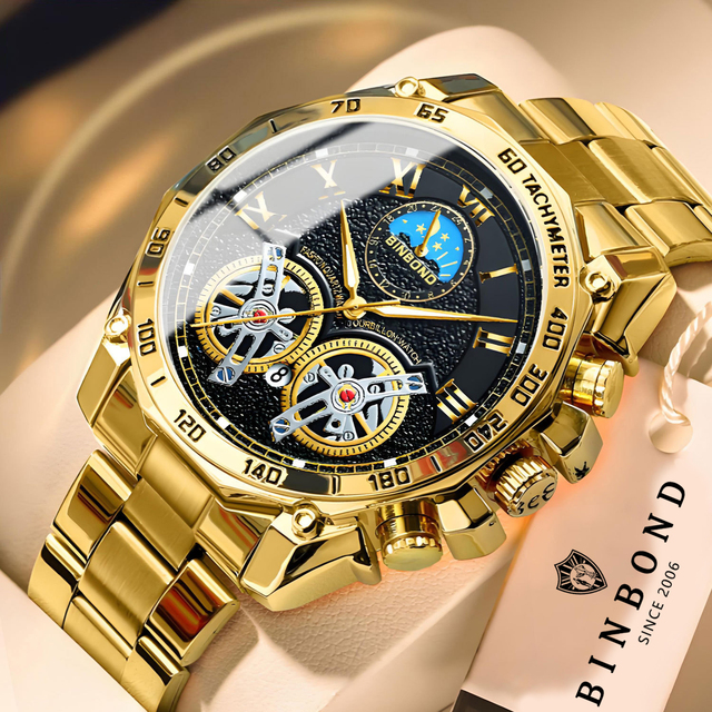 BINBOND Double Tourbillon Men's Non-Automatic Hollow Quartz Watch Style Waterproof Luxury Watch for Men