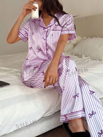 Set piyama satin wanita kemeja lengan pendek motif pita celana pergelangan kaki pinggang elastis pakaian santai kasual