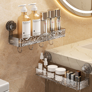 Wall Mounted Suction Cup Shelf Transparent Rectangular Bathroom Storage Rack With Hooks Durable Design - Product Image 3