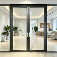 Porte d'entrée double battante moderne en alliage d'aluminium gris avec fenêtre vitrée, haute sécurité pour maison