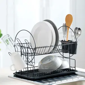 Bulaşık kurutma rafı bulaşıklık tepsisi ile kompakt bulaşık süzgeç mutfak sayacı dolabı siyah