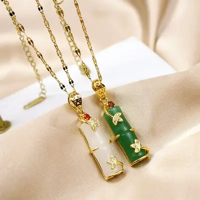 NUORO Stainless Steel Non Tarnish Jewelry Female Temperament Necklace Natural Stone Jade Golden Plated Bamboo Pendant Necklace