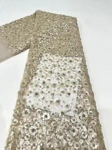 Nueva tela de moda pesada bordada a mano con cuentas tela de encaje nupcial tela de encaje con cuentas de lujo para vestido de noche de boda