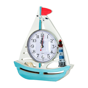 Mediterranean Sailboat Desk <b>Clock</b> Wooden Decorative <b>Clock</b> With Lighthouse And Seashell Blue <b>White</b> Design - Product Image 4