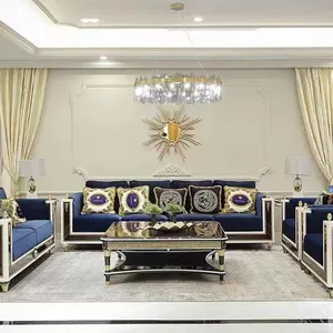 高端奢华经典设计客厅家具蓝色沙发皇家风格木框雕刻沙发