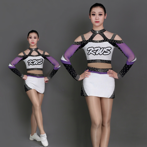 Conjunto de Uniforme de Porristas Personalizado con Pedrería, Estilo Falda de Spandex y Poliéster Blanco y Morado para Adultos, Ropa de Competición, Venta al por Mayor, LOGO - Product Image 5