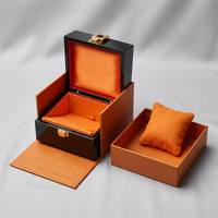 Boîte à rabat en cuir orange avec logo imprimé personnalisé, design à double ouverture, boîte de rangement de luxe pour montres et bijoux, boîte cadeau