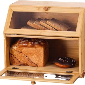 Boîte à pain en bambou à 2 niveaux avec porte en verre, organisateur de rangement pour comptoir de cuisine, pour pain, pâtisserie, aliments - Product Image 5