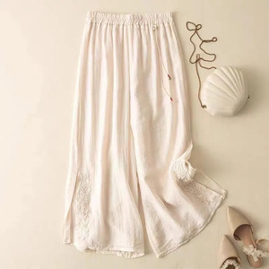 Retro Embroidered Cotton Linen Wide Leg Pants Women Summer <b>Elastic</b> Waist Breathable Casual Loose Style - Product Image 3