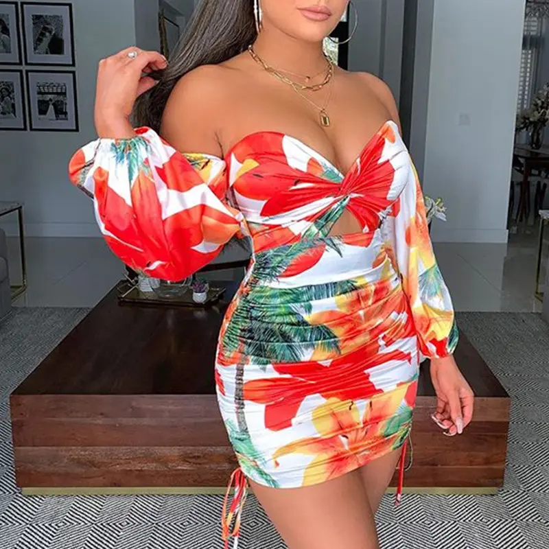 Vacation Women Casual Dresses Off Shoulder Puff Sleeve Ladies Summer Floral Printed Dress Clothing Fashion 2020