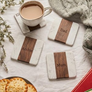 Ensemble de sous-verres en marbre et bois, sous-verres carrés faits à la main, sous-verres en pierre naturelle, bois d'acacia, décoration de table moderne pour la maison - Product Image 1