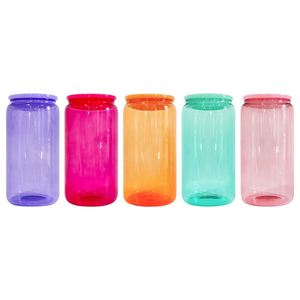 China Warehouse Blank Sublimation 16oz Borosilicate <b>clear</b> Transparent Colored Candy <b>Jelly</b> Beer Glass Can with Plastic Lid - Product Image 2