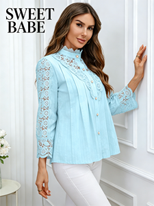 Blusa Casual de Manga Larga con Panel de Encaje Azul Claro para Mujer - Camisa de Cuello Chifón de Corte Regular - Product Image 1