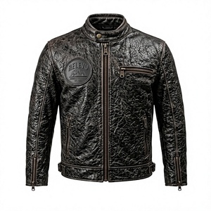 Chaqueta de Motociclista Acolchada de Cuero Genuino para Hombre Relevo, Cuello Alto, Logotipo Grabado, Cierre de Cremallera, Ecológica, para Invierno - Product Image 1
