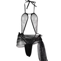 Body exotique en résille, décolleté plongeant, style bikini trois points, broderie, bretelles réglables, transparent, sexy