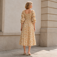 Robe midi florale personnalisée en lin et coton, col carré, corsage froncé, manches bouffantes, vêtements d'été pour femmes, fabricant de vêtements