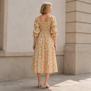 Abito Midi Floreale Personalizzato in Lino e Cotone con Scollo Quadrato, Corpetto Arricciato e Maniche a Sbuffo, Abbigliamento <span class=keywords><strong>Estivo</strong></span> da Donna, Produttore di Abbigliamento - Product Image 3