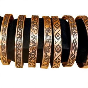 Pure Copper Vintage <b>Engraved</b> Floral Vine Open Cuff <b>Bangle</b> Bracelet Set Handcrafted Antique Filigree Leaf Carved Solid Copper - Product Image 1