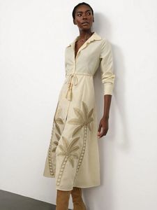 Vestidos Casuales de Mujer, Nuevo Estilo, 100% Algodón, Tejido, Bordado, Cuello de Solapa Elegante, Botones, Manga Corta, Cintura Natural - Product Image 4