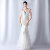 Robe de soirée haut de gamme en maille pailletée de haute qualité pour femmes, élégante, col en V, robe de bal en queue de poisson avec pompon, banquet exquis.
