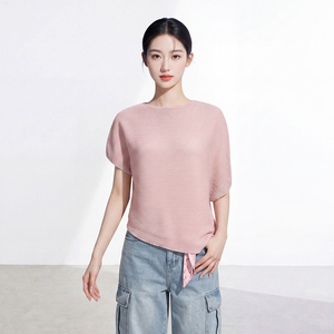 Camiseta Holgada de Manga Corta para Mujer, Cuello Redondo, Transpirable, Antiarrugas, Ecológica, Estilo Miyake, Talla Grande, Informal, para Verano - Product Image 1