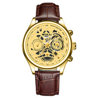 Reloj de Pulsera de Cuarzo para Hombre NYY con Esfera Hueca de Esqueleto, Caja Dorada, Correa de Cuero Marrón, Estilo Cronógrafo, Casual de Negocios