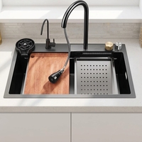 Évier de cuisine multifonctionnel en cascade, évier en acier inoxydable noir PVD nano, évier simple fait main