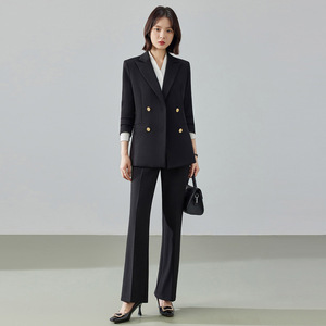 Women's Navy Blue Suit <b>Jacket</b> And Pants Set Anti-Wrinkle Worsteds For Work Commuting Professional Look - Product Image 3