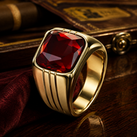 JLM Retro Gold Edelstahlring für Herren mit großem quadratischem roten Stein, Biker-Punk-Siegelring – Bestseller