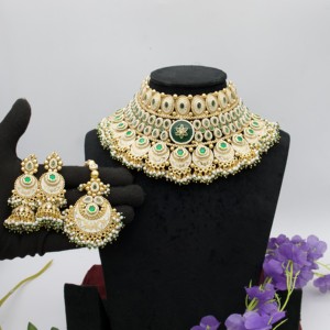 Traditional Imitation Antique Copper Plated Vintage Choker Necklace <b>Set</b> with Emerald Green Gemstones Tikka for Women Wedding - Product Image 5