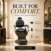 Fauteuil de barbier en cuir noir avec cadre en or antique, inclinable hydrauliquement, mobilier de salon